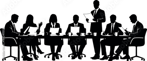 Business meeting silhouette of professionals discussing strategy around conference table in corporate office environment with teamwork and collaboration focus.