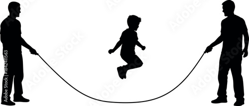 Silhouette of family jump rope activity with child playing outdoors, teamwork, coordination, fitness, fun, and healthy lifestyle concept.