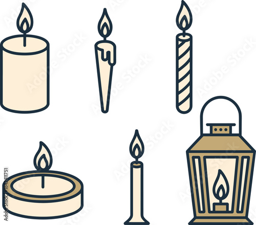 Minimalist candle and lantern icon set, line art lighting elements for decoration, spirituality, cozy atmosphere, celebration, and vintage design
