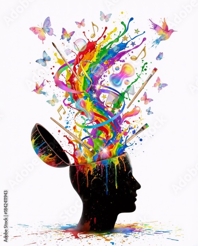 Surreal creativity concept showing vibrant color explosion bursting from open head, representing imagination, artistic expression, creative thinking, and unlimited innovative potential.