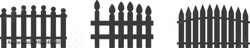 Black picket fence silhouette set, minimalist garden and yard boundary icons, simple wooden fence shapes for landscape and property design