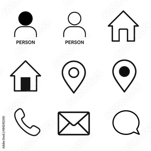 A clean, professional collection of minimalist vector icons representing essential contact information elements. The set includes line and solid versions of: person (name), house (address) etc