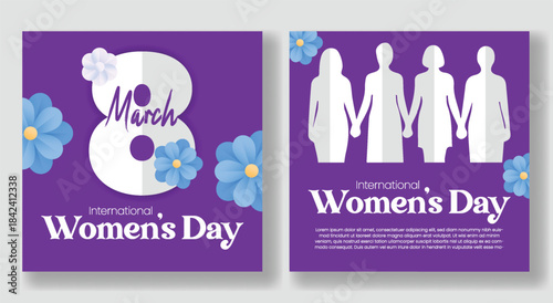 Feminine 8 March Women’s Day celebration social media design pack featuring floral artwork, elegant female silhouette, square flyer poster layout and modern website banner vector background