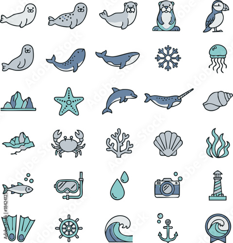 Blue Ocean Marine Life Icons Set – Sea Creatures and Nautical Elements