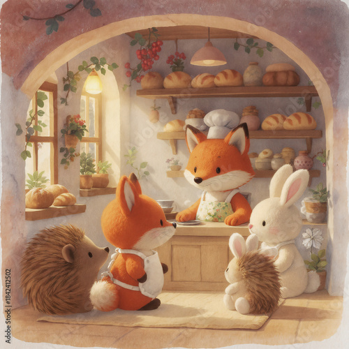 forest animal fairy tale bakery with a fox as a saleswoman