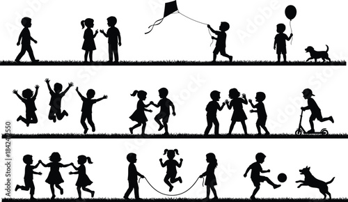 Silhouettes of children playing outdoors in joyful activities such as running, jumping, games, sports, kite flying, and interacting with pets on grassy ground.