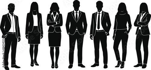 Silhouettes of diverse business professionals standing confidently in formal attire representing leadership, teamwork, 
