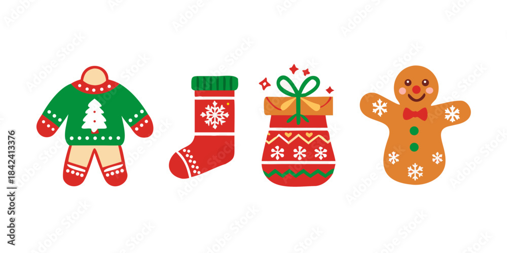 Naklejka premium Collection of festive christmas icons including a stocking gingerbread men and a sweater .vector icon