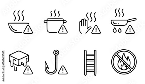 Eight black warning with hot cold and safety symbols steam