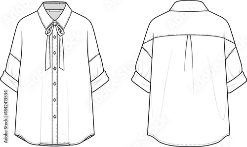 Bow tie blouse technical drawing, short sleeve fashion flat, button front apparel template, detailed garment sketch illustration, stylish women top CAD