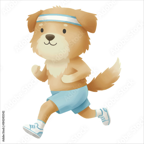 Cute Watercolor Dog Marathon Runner Jogging in Sportswear on White Background
