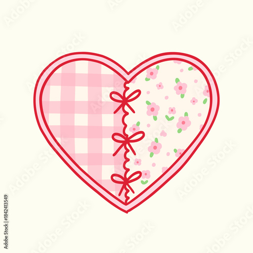 Heart decorated with checkered and floral print and cute bows. Symbol of love. Whimsical card design for valentine day, birthday, wedding