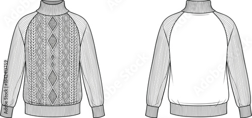 Cable knit sweater technical drawing, front and back fashion flat, detailed garment sketch illustration, apparel design template, cozy winter pullover CAD
