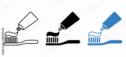 Three toothbrushes with toothpaste application in black white and blue colors