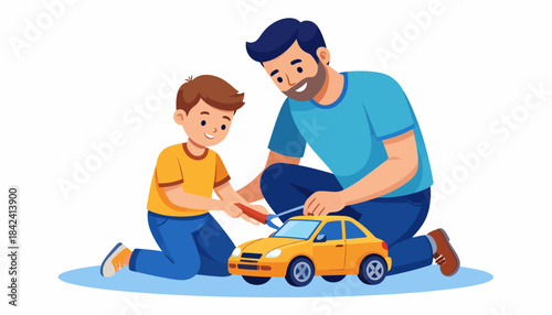 Caring father and son share a joyful moment, engaged in a creative hobby of playing or assembling a yellow toy car, celebrating family bonding and childhood fun