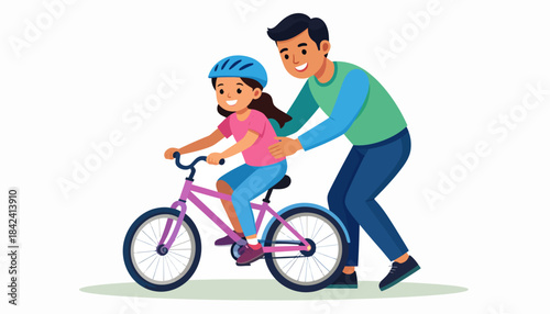 A supportive father teaches his happy young daughter how to ride a bicycle, guiding her as she learns this important childhood skill