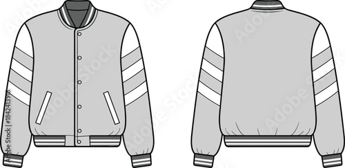 Varsity jacket technical drawing, front and back bomber style sketch, fashion apparel template, outerwear design vector, detailed garment illustration, CAD