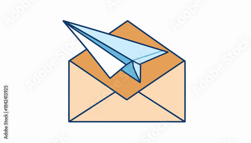 A simple line art illustration of a paper airplane emerging from an open envelope, a concept for sending mail, messages, or business correspondence
