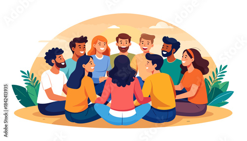 A diverse group of happy individuals connecting in a supportive circle, fostering communication, friendship, and strong community bonds