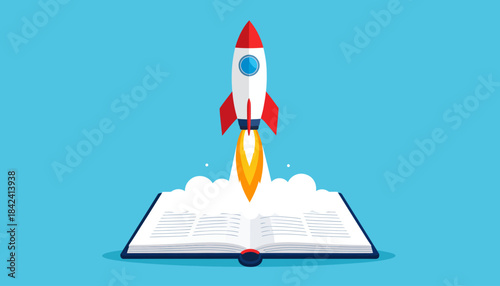 Dynamic illustration of a rocket launching from an open book, symbolizing how knowledge and learning ignite innovation, fueling new ideas, startup success, and future growth