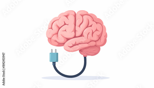 Creative concept of a human brain with a power plug, symbolizing brainstorming, intellectual energy, recharging ideas, and mental health