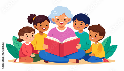 Grandmother reading a story to children, a heartwarming illustration of family bonding and education