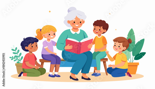 Grandmother reading a book to children, story time with a loving grandparent surrounded by attentive young kids enjoying a tale
