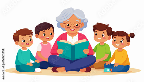 Engaging scene of a loving grandmother sharing captivating stories with a group of curious children, fostering imagination and early learning development