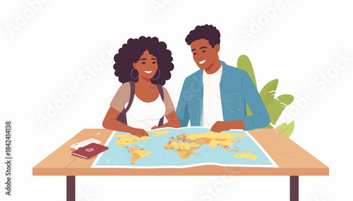 Happy young couple planning their next world adventure, looking at a map to choose a travel destination for their vacation