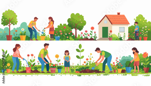 Parents and children planting flowers and enjoying a sunny day outdoors. A vector illustration of family life and hobbies