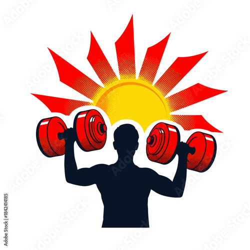 Silhouette of man lifting dumbbells under rising sun rays 