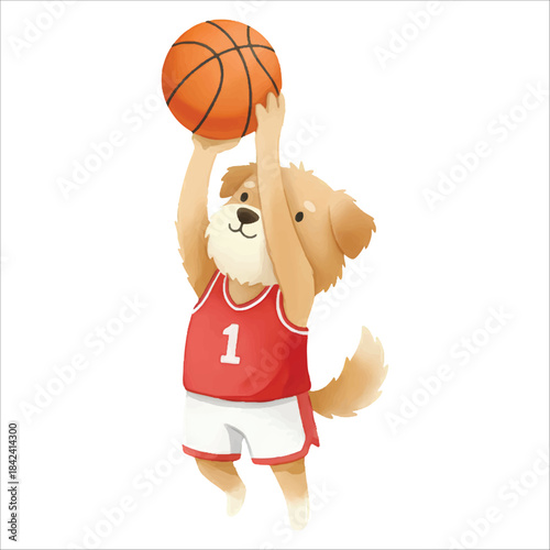 Cute Watercolor Dog Shooting Basketball Jump Shot Sports Illustration on White Background
