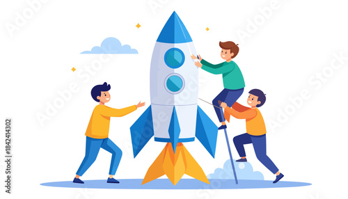 Team of people working together to launch a rocket, symbolizing teamwork and business growth