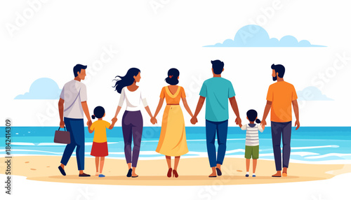 Joyful families walking hand-in-hand along a sunny beach, enjoying a perfect summer day by the ocean, symbolizing togetherness, relaxation, and happiness