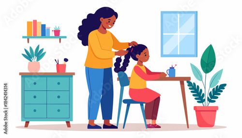 Mother braiding her daughter's hair at a desk in a brightly lit room, illustrating family bonding and childhood moments