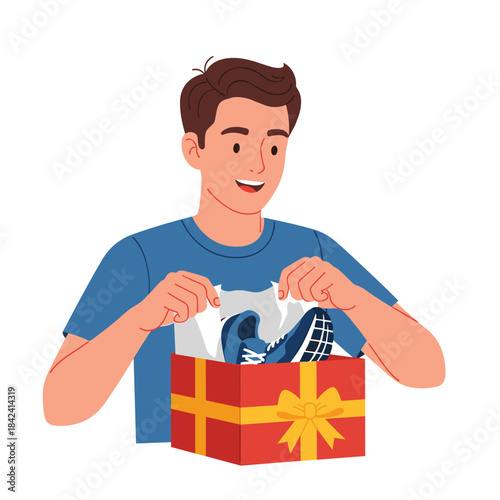 Young man unwrapping gift box revealing new running shoes