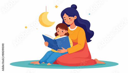 A mother and daughter sharing a bedtime story under a crescent moon, fostering connection and imagination