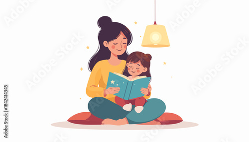 A tender illustration capturing the heartwarming concept of a mother and child sharing a cozy story time, fostering love, learning, and precious family bonding through reading