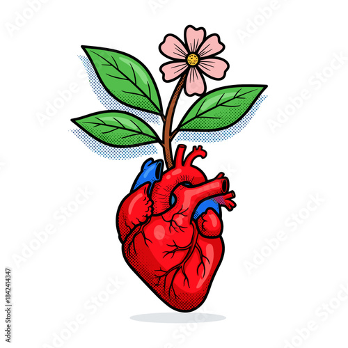 Heart illustration with flower and leaves symbolizing self-care  