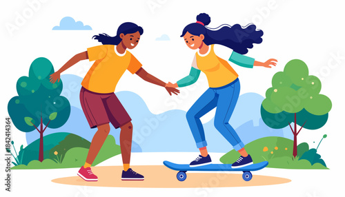 Two young women enjoying a sunny day outdoors, with one teaching the other how to skateboard in a park setting with trees and rolling hills