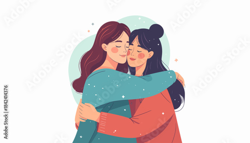 Heartwarming vector illustration depicting a tender and affectionate embrace between two women, symbolizing deep friendship, emotional support, and genuine connection