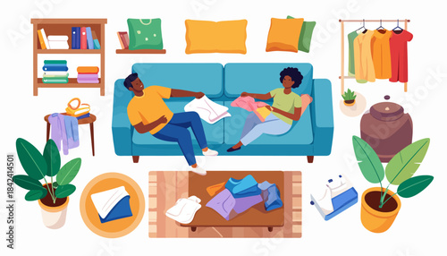 A couple tidying up their living room, organizing clothes and home decor items