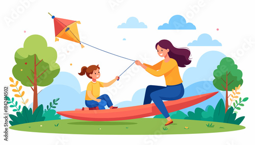 A joyful mother and daughter flying a kite in a park on a sunny day, creating cherished memories