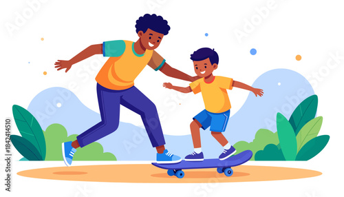 Supportive father teaching his young son how to ride a skateboard in the park. A concept of family bonding, guidance, and active lifestyle