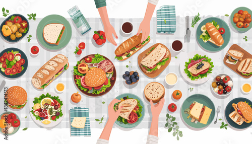 Overhead view of a vibrant communal dining experience featuring an abundant spread of freshly prepared sandwiches, gourmet burgers, and healthy salads, perfect for a joyful gathering