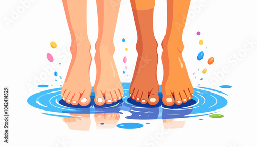 Playful bare feet of diverse individuals splashing happily in cool water, celebrating summer joy and refreshing moments of togetherness