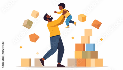 Heartwarming illustration of a loving father lifting his happy child in the air, surrounded by colorful building blocks symbolizing growth and family