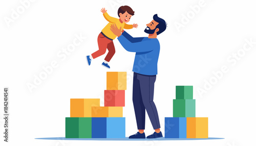 A loving father joyfully lifts his laughing son into theair, surrounded by colorful toy block towers in this sweet family playtime illustration