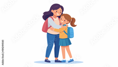 Loving Mother Embracing Her Daughter with Backpacks, Ready for School Adventure, Illustrating Family Bond and Support