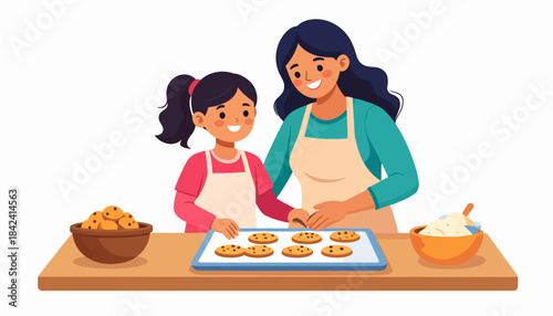Mother and daughter baking cookies together in a cozy kitchen environment, creating sweet treats and cherished memories